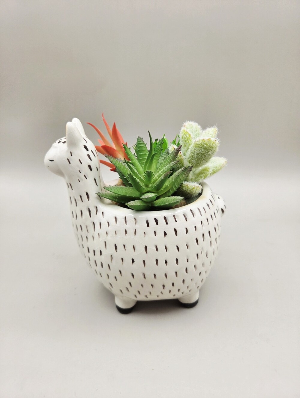 Kirklands' White Ceramic Llama Planter, Black Textured Dots & Faux Succulents